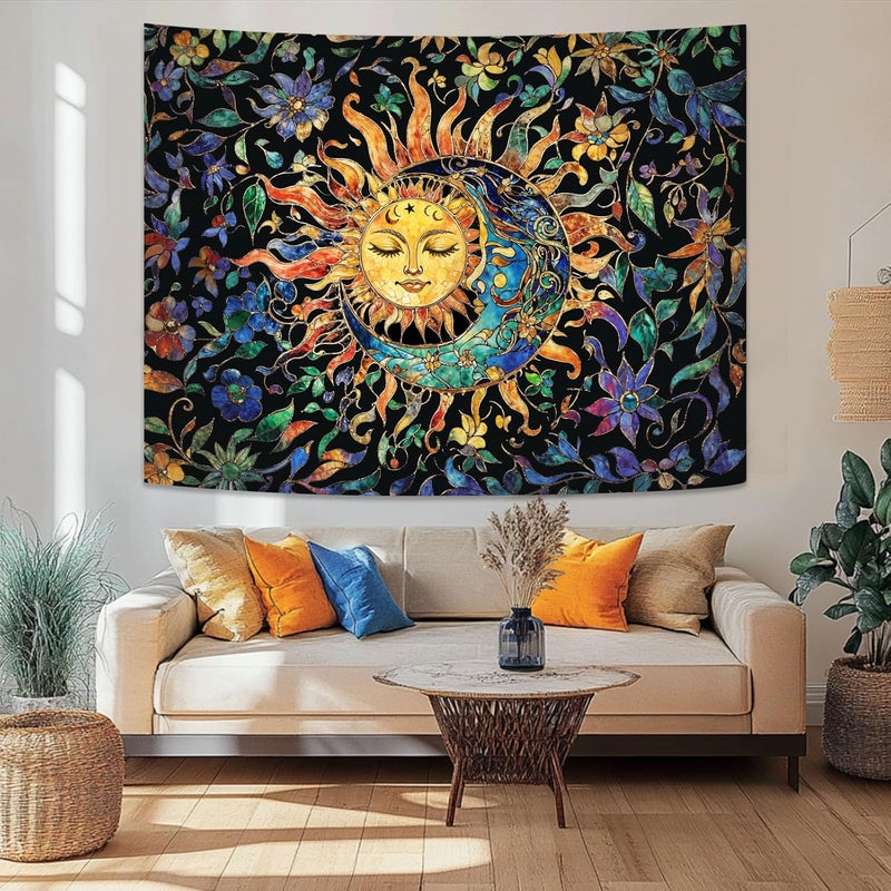 Aipon Sun and Moon Tapestry for Bedroom Boho Hippie Floral Wall Tapestry Aesthetic Vintage Stained Glass Plant Small Tapestries Wall Hanging for Living Room Dorm 60 x 44 Inch - Image 2
